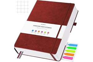 OFFIGIFT Squared Paper Notebook A5, 312 Numbered Pages Hardback Leather Journal, 100gsm No Bleed Grid Notebook with Index Pages, Graph Paper Notebook for Graphing Notes Math, 5.75" x 8.38", Burgundy