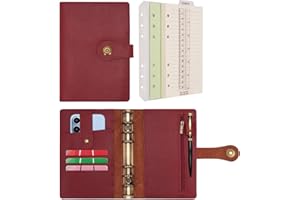WONDERPOOL A5 A6 Binder Travel Diary Journal Notebook, College Ruled Paper Refillable, Leather Budget Binder Rings Organizer with Pen for Office School Business Planning Writing (Wine red, A6)