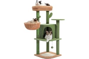 PETEPELA Arbre à Chat Cactus, Tour de Jeux pour Chats avec Grand Hamac, Perchoir Confortable, Condo Spacieux & Pompons Suspendus, Conçu pour Accueillir 2 à 3 Chats, 106 cm, Vert