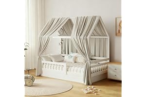 GFCC Ciel de Lit Cabane Ensemble de Décoration avec 2 Pièces Rideaux Lit Cabane Enfant Baldaquin Ciel en Tissu de Maison Chambre pour Fille Garçon,125 x 350 cm Camel