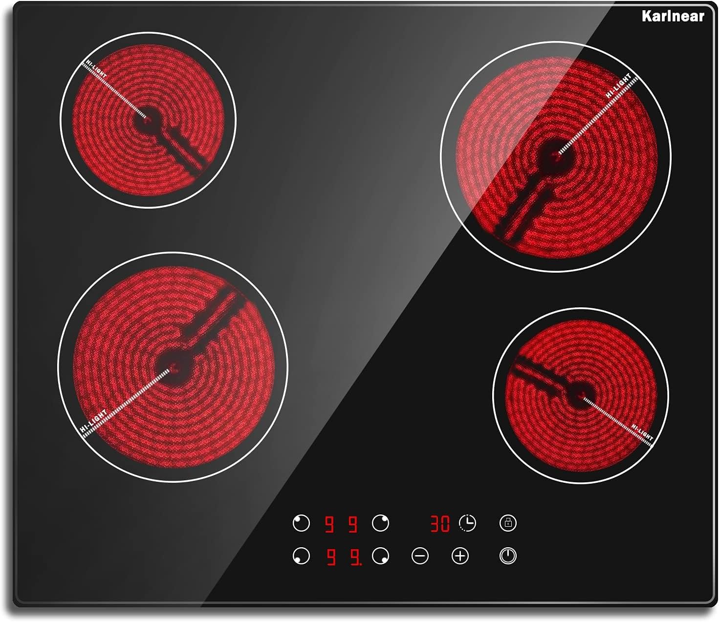 Karinear Ceramic Hob, 60cm Built-in 4 Zones Ceramic Hob with Safe Lock, Timer, Touch Control 6000W, Hard Wired, No Plug Included