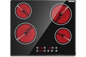 Karinear Ceramic Hob, Electric Hob 60cm Built-in 4 Zones with Safe Lock, Timer, Touch Control 6000W, Hard Wired, No Plug Included