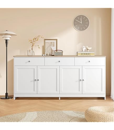 Buffet 4 Portes 4 Tiroirs Laqué Blanc Et Pieds Chêne Massif Clair Pecas 192cm 85526449