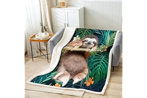 LOUSSIESD Kinder Niedliche Faultier Wohndecke Karikatur Tier Kuscheldecke Für Jungen Lustige Faule Faultiere Tropische Bl?tter Blumendruck Decke 75x100cm Natur Thema Raumdekoration Flanell Fleecedecke
