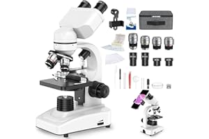 QUNSE Microscopio binoculare, 40X-1000X, righello spostato, 4 lenti, messa a fuoco grossolana e fine, con oculari WF 10X/25X, accessori, valigetta per il trasporto