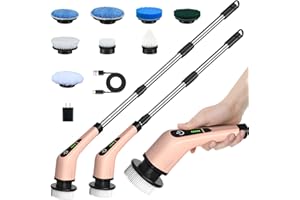 LEEBEIN Fregadora Giratoria Eléctrico,Cepillo de Limpieza Inalámbrico con 8 Cabezas de Cepillo Reemplazables,Mopa Fregadora para Bañera y Azulejo de Piso con 137cm Mango Ajustable para Baño Cocina Coche(Rosa)