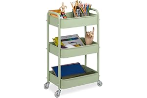 Relaxdays Rolling Trolley, 3 Levels, Serving Trolley, Kitchen Trolley, Bathroom & Office, Rolling Shelf, 71.5 x 43.5 x 29.5 cm, Craft Trolley, Green