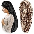 YPGVUO Satin Bonnet for Women 2 Pack Soft and Elastic Black Leopard Long Hair Cap，Large Breathable Silky Hair Bonnet for Sleeping Cap，Braids Bonnets for Women