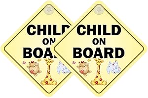 Tek Automotive Child on Board Car Sign – Twin Pack, 14x14cm Screen Printed Vinyl, Baby on Board Sticker for Car, Window Stickers for Cars, Easy Fit with Window Sucker, Car Accessories for Kids