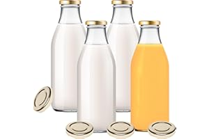 MIKKEN Viva Lot de 4 bouteilles en verre avec 8 couvercles Doré 1000 ml Avec étiquettes