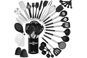 Terlulu Küchenhelfer Set, 34-teiliges Silikon Kochutensilien Kochbesteck Set, Hitzebeständiger Kochgeschirr mit Utensilienhalter, Antihaft Kochset Küchenutensilien mit Edelstahlgriff