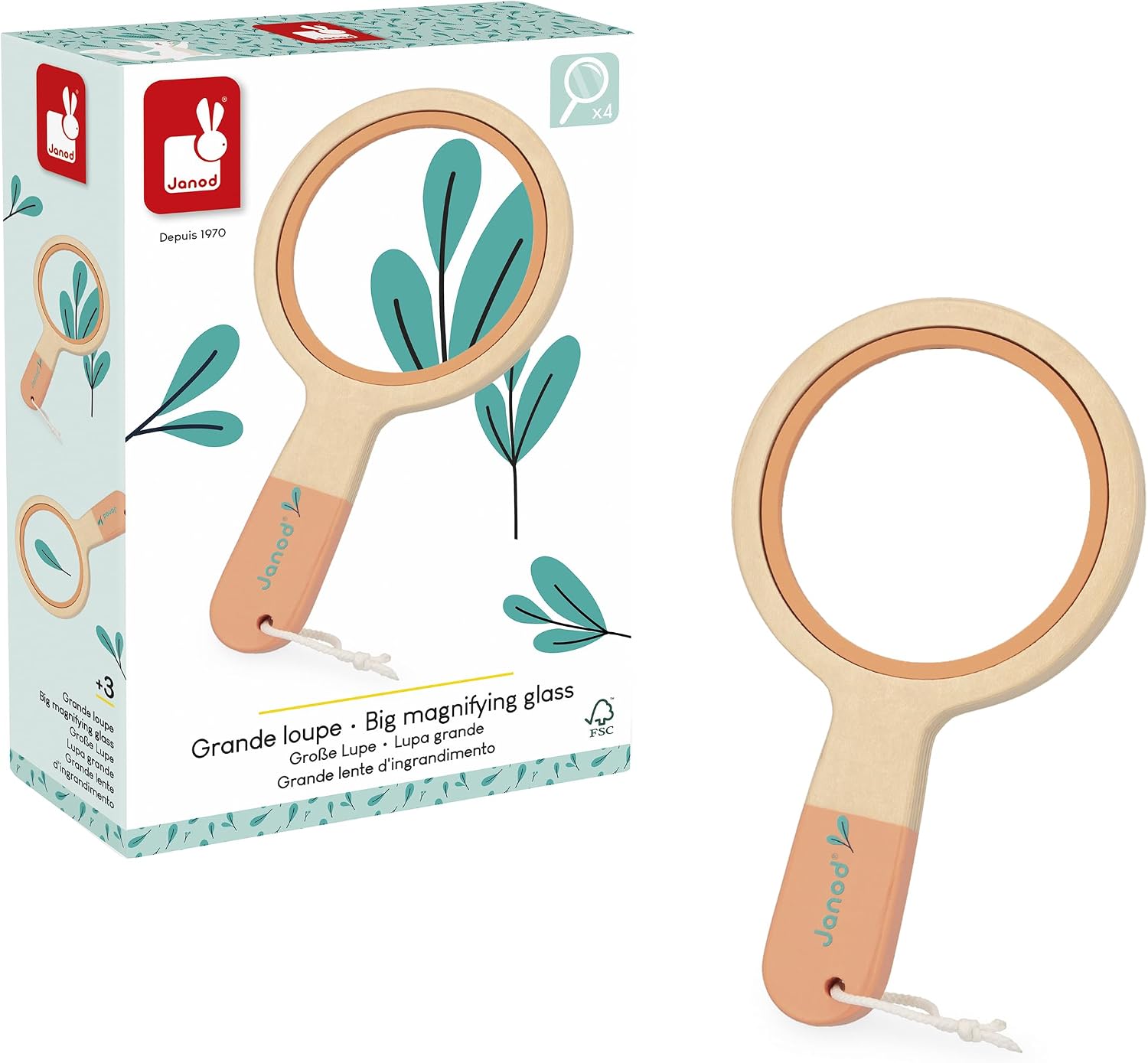 Janod - Lupa Grande de Madera para niños A Partir de 3 años - Aumento x3,5 - Diseñado para descubrimientos en el jardín - Juguete de Madera para el jardín y Otros - A Partir de 3 años