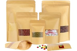 SHINOK Kraft Zip Lock Bags Sealable Paper Bags for Food Packing Kraft Pouches with Window 50Pcs(9x14cm)