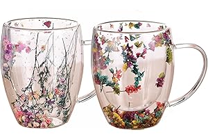 HORYPT [2 Confezione] Tazze da Caffè In Doppio Vetro | Tazza Estetica con Fiori Secchi da 350 Ml | Tazze In Vetro per Bevande Calde con Manici | Tazze da Tè In Vetro per Bevande Calde, Cucina, Cappuccino