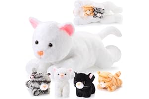 Skylety Set di 5 Gatti di Peluche Include Grande Gatto Farcito Animale Morbido Coccolone con 4 Simpatici Gattini Peluche in Coccole sulla Pancia di Mamma Gatta Regali di Compleanno Dormire (Bianco)