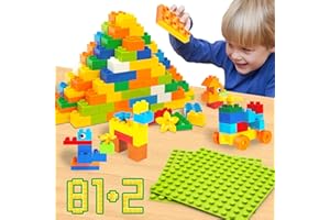 WYSWYG® Große Bausteine Set, 81 Stück Bausteine und 2 Bauplatten - Kompatibel mit Lego Duplo Steine und Top-Marken, für Kinder ab 2-3-4-5 Jahre Buntes Starterset