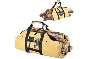 CLESOO 2 en 1 Bolsa para Leña Impermeable - Cesta para Leña de Lona Encerada, Bolsa de Transporte para Leña de Gran Capacidad con Asa, Accesorios Chimeneas de Leña para Interior y Exterior de Camping