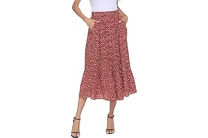 Parabler Rock Damen Chiffon Midirock Elegant Blumen Polka Dot Elastische Taille Sommerrock Lang Plisseerock mit Taschen