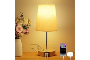 Suright Lampe de Chevet Tactile avec Ports de Charge USB-A + USB-C, 3 Niveaux de Luminosité, Abat-jour en Tissu, Base en Bois, Petite Lampe de Table pour Chambrer Salon (Ampoule Incluse)