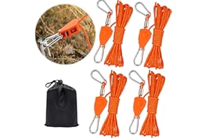NEWTIC 4 Pièces Corde de Tente Réfléchissante, 4mm Cordes à Cliquet avec Crochets, 4M Corde De Camping Légère pour Tente, Paracorde Corde avec Poulie pour Auvent, Tente, Bâche, Randonnée Extérieur (Orange)