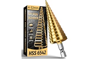 FAHEFANA® Broca Escalonada Para Metal, Broca Conica HSS 6542 Titanio [4-32mm], Puede perforar acero inoxidable, Para Metal/Madera/Hierro/Aluminio/Plástico, Broca profesional de 15 pasos