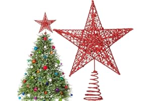 HONGECB Estrella de Árbol de Navidad Metálica 22cm - Estrella la Copa del Árbol Resistente con Base Espiral | Estrella Superior Decorativa Hueca, Adornos para la Copa del Árbol Clásicos (Rojo)