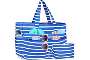 WACCET Sacs de Plage Femme XXL, Sac de Plage Imperméable Extra Large en Famille Sac Plage Léger Pliable avec Fermeture Éclair et Multipoches Sac Cabas Femme pour Voyage, Vacances, Gym, Piscine