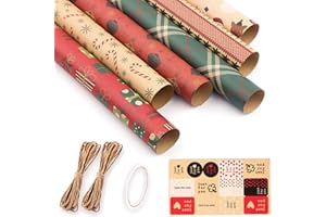 EVELURE Rotolo Di Carta Da Regalo Natalizia Set 50 * 70CM, 6 fogli di carta, 1 adesivo biadesivo, corda di carta kraft 10M * 2, adesivi