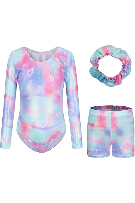 Ensemble De Gym Pour Fille (justaucorps + Short + Bandeau) - Manches Longues Strass, Tissu Stretch, Tailles 6-16 Ans
