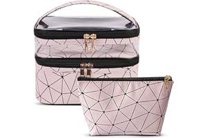 ELCM Makeup Bag 2Pcs Double Layer Travel Cosmetic Bag Waterproof Large Capacity Toiletry Bag Make up Organizer for Women Men Pink