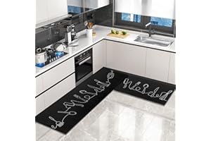 OPLERT 2 Pieces Kitchen Rugs and Mats,Kitchen Floor Mats Non Slip Washable,for Kitchen,Hallway,Living Room,Bedroom,Black,43x75+43x150cm