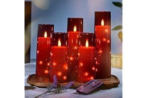 SLVCREK Bougies à LED, 5pc Ensemble de Bougies Décoratives, Mèche Scintillante Bougie Sans Flamme Avec Télécommande Minuterie, Bougie LED avec chaîne lumineuse pour Décoration, Mariage, Fêtes(Rouge)