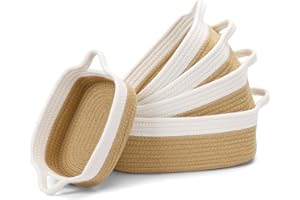 Cinnani Panier Rangement, Lot de 5 Panier Tissé Corde de Coton, Panier Rangement pour Salle de Bain, Cuisine, Organisateur Table a Langer Bebe, Panier de Rangement Empilable Polyvalent (Blanc/Jaune)