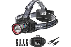 PEAKRO Linterna Frontal LED Recargable, Linterna de Cabeza Alta Potencia 90000 Lumens, 3 Modos con Luz Trasera, Frontal LED Recargable Batería de Larga Euración y IPX7 Impermeable para Campeggio Pesca
