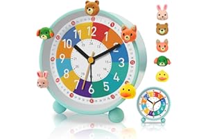 PIXESTT Despertador Infantil, Reloj Despertador Infantil para Principiantes En La Escuela, Sin Sonido Tic-TAC, con FuncióN De Luz Nocturna Y FuncióN De RepeticióN, con 5 Adornos De Despertador Verde