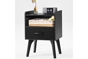 LELELINKY Nachttisch Holz,Nachtkästchen mit Geheimfach,Schwarz Nachtkommode 57cm Hoch Beistelltisch mit Stoff Schublade,Nachttische 30 cm breit für Schlafzimmer,Wohnzimmer und kleine Räume