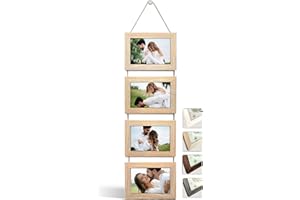 NEOWS Portafotos Múltiple Decorativo para Colgar en Pared - Marcos de Fotos Multiples de Madera Con Cuerda - Collage Portarretratos Colgante - Fotos 10x15 cm (Roble Natural, 4 Fotos Horizontal)