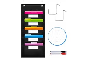 Vantasii Organization Pocket Chart, Wall File Organizer Folder with 5 File Pockets, 5 Dry-Erase Name Cards Plus 2 Over Door Hooks, 14 X 28 inch