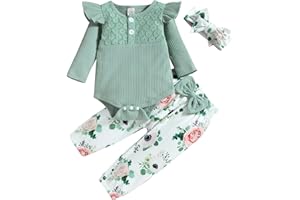 Saeevima Kleinkind Baby Mädchen Kleidung Set Einfarbig Langarm Pullover Body Strampler Top Rüschen Elastische Taille Blumen Lange Hosen Stretch Stirnband Mädchen Bekleidungsset