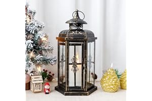 JHY DESIGN Dekoracyjne lampiony, 30 cm, wysokie latarnie na zewnątrz, vintage, metalowy uchwyt na sznurówkę, do użytku wewnątrz i na zewnątrz, na wydarzenia, parytety i wesela (czarne ze złotym pędzlem)