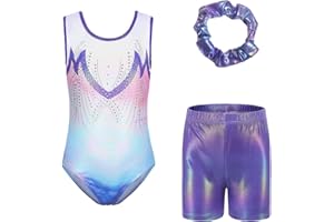 Kiscorpse Gymnastics Leotard for Girls, Long Sleeve/Sleeveless Sparkle Dance Ballet Leotards Athletic Dancewear for Girl Pink & Purple & Blue Gradient Sparkly Dancing Costume for 5-12 Years