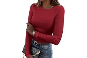 Zeagoo Camiseta Manga Larga Mujer T Shirt de Punto Acanalado Camisas Elegantes con Cuello Redondo Camisetas Ajustada Elástico Jersey para Otoño e Invierno XS-XXL
