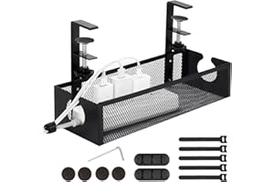 iNextStation Under Desk Cable Management Tray, No Damage Organiser With Clamp for Wire Management, No Drill Cable Tidy Box for Office Home, Black Upgraded