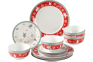 simpa 12PC Christmas Gingerbread Men Ceramic Dinner Set. 4 Dinner Plates, 4 Side Plates & 4 Bowls. Dishwasher & Microwave Safe.