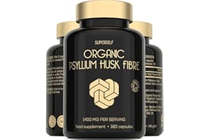 SUPERSELF Organic Psyllium Husks Capsules 1400mg - Fibre Supplement for Men & Women - Pure Psyllium Husk Powder - 180 Tablets - High in Soluble Fiber - Certified Organic - Natural Prebiotic from Ispaghula Husk