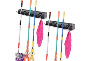 Suwimut 2 Pack Mop and Broom Holder, Wall Mounted Storage Organizer Tools Hanger with 5 Racks 6 Hooks for Home, Kitchen, Bathroom, Closet, Office, Garden, Garage (Black)