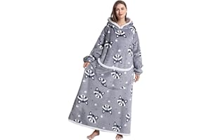 JOREAY Bardzo długi koc z kapturem, dla kobiet i mężczyzn Sherpa polarowy koc do noszenia, puszysta ogromna bluza z kapturem dla dorosłych nastolatków, Szop pracz, rozmiar uniwersalny duże rozmiary wysoki