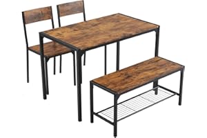 ADIBY Dining Table and Chair Sets with Storage Rack 4-Piece Dining Table with 1 Bench and 2 Chairs Wooden Steel Frame Industrial Style Retro Kitchen Dining Table Set