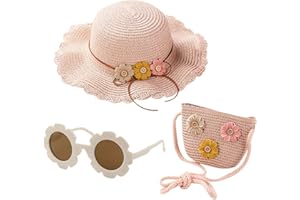 FFDHWU 1 Girl's Straw Bag, 1 Straw Sun Hat, 1 Pair of Flower Sunglasses, Children's Mini Crossbody Bag, Summer Travel Accessories, Suitable for Vacation, Travel and Outdoor Activities Pink