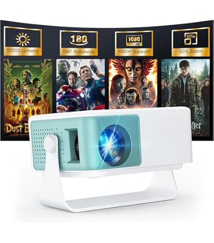 App-geïntegreerd] Eeenfy Projector Home Cinema, Mini Smart Beamer met 20000Lux, 270° Draaibaar, 1080P, E-focus/Keystone, Projector WiFi Bluetooth, Outdoor Beamer voor Smartphone/Laptop, Venus V1, Wit